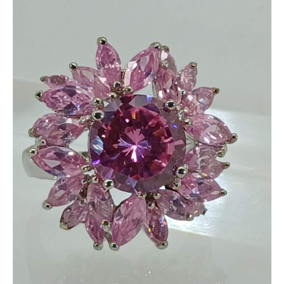 Vintage Ring Size 7 Silver Tone White Gold GP Pink CZ Diamond Cocktail - Picture 1 of 10